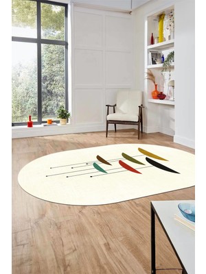 Evdeya Baskılı Kaymaz Taban Yıkanabilir Modern Oval Yolluk Mutfak Salon Halısı O-MODERN-112-KREM