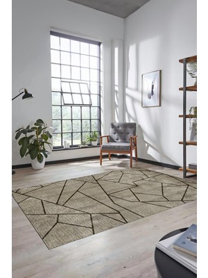 Evdeya Sade Desenli Baskılı Kaymaz Taban Yıkanabilir Yolluk Mutfak Salon Halısı MODERN-117-VİZON