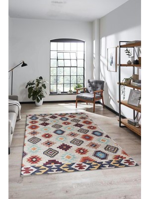 Evdeya Etnik Baskılı Kaymaz Taban Yıkanabilir Modern Yolluk Salon Halısı Modern-99-Renkli