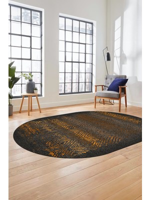Evdeya Sade Modern Desen Dijital Kaymaz Yıkanabilir Oval Yolluk Mutfak Salon Halısı O-Modern-28-Kahve