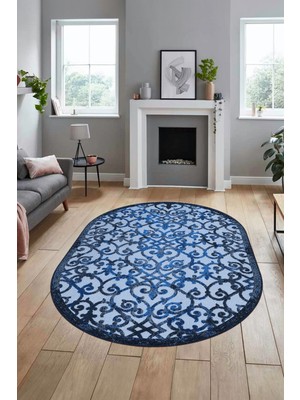 Evdeya Modern Klasik Desen Dijital Kaymaz Yıkanabilir Oval Yolluk Mutfak Salon Halısı O-Modern-32-Mavi