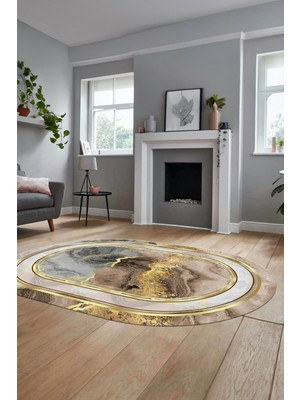 Evdeya Baskılı Kaymaz Yıkanabilir Modern Mermer Desen Oval Yolluk Salon Halısı O-Modern-46-Gold