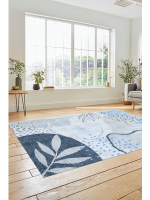 Evdeya Yaprak Desen Modern Tasarım Dijital Kaymaz Yıkanabilir Yolluk Mutfak Salon Halısı Modern-79-Mavi