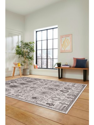 Evdeya Modern Etnik Desen Dijital Kaymaz Yıkanabilir Yolluk Mutfak Salon Halısı Modern-29-Gri