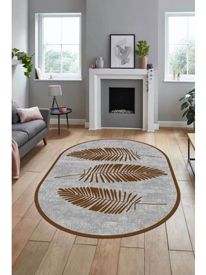 Evdeya Baskılı Kaymaz Yıkanabilir Modern Yaprak Desen Oval Yolluk Mutfak Salon Halısı O-Modern-41-Kahve