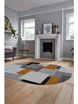 Evdeya Baskılı Kaymaz Yıkanabilir Oval Koridor Halısı Mutfak Halısı Salon Halısı O-Modern-47-Kahve
