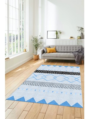 Evdeya Sade Modern Kilim Desenli Dijital Kaymaz Yıkanabilir Yolluk Mutfak Salon Halısı Modern-75-Mavi