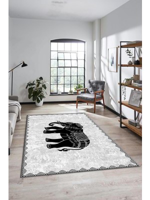 Evdeya Fil Desen Baskılı Kaymaz Taban Yıkanabilir Modern Yolluk Salon Halısı MODERN-101-GRİ