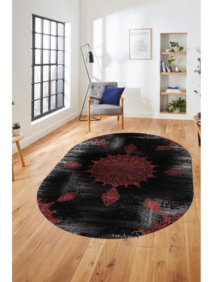Evdeya Baskılı Kaymaz Taban Yıkanabilir Göbekli Modern Yolluk Mutfak Oval Salon Halısı O-Modern-06-Krmızı
