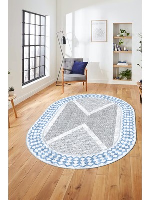 Evdeya Baskılı Ince Kaymaz Taban Yıkanabilir Modern Yolluk Mutfak Oval Salon Halısı O-Modern-07-Mavi