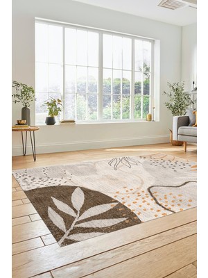 Evdeya Yaprak Desen Modern Tasarım Dijital Kaymaz Yıkanabilir Yolluk Mutfak Salon Halısı Modern-79-Vizon