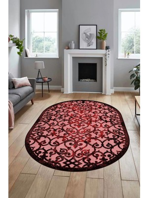 Evdeya Modern Klasik Desen Dijital Kaymaz Yıkanabilir Oval Yolluk Mutfak Salon Halısı O-Modern-32-Bordo