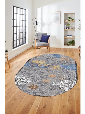 Evdeya Çiçekli Modern Dijital Kaymaz Yıkanabilir Oval Yolluk Mutfak Salon Halısı O-Modern-15-Renkli