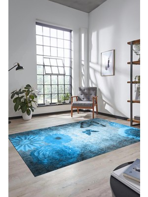 Evdeya Baskılı Kaymaz Taban Yıkanabilir Modern Yolluk Mutfak Salon Halısı MODERN-109-MAVİ