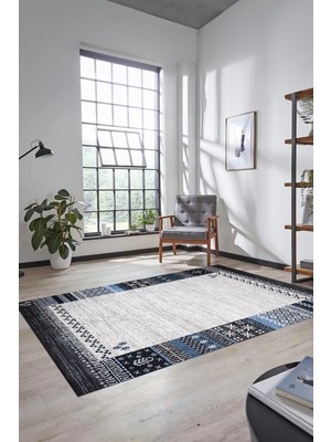 Evdeya Etnik Baskılı Kaymaz Taban Yıkanabilir Yolluk Mutfak Salon Halısı MODERN-119-MAVİ