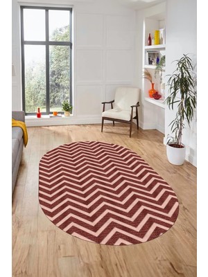 Evdeya Zikzak Desen Baskılı Kaymaz Taban Yıkanabilir Modern Oval Yolluk Salon Halısı O-MODERN-102-BORDO