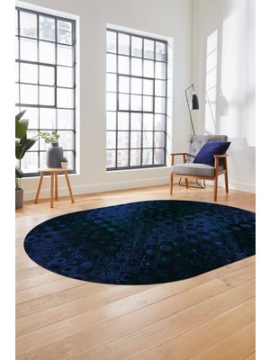 Evdeya 3D Modern Desen Dijital Kaymaz Yıkanabilir Oval Yolluk Mutfak Salon Halısı O-Modern-27-Mavi