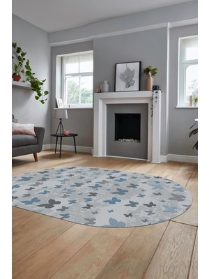 Evdeya Baskılı Kaymaz Yıkanabilir Modern Kelebek Desen Oval Yolluk Salon Halısı O-Modern-51-Mavi