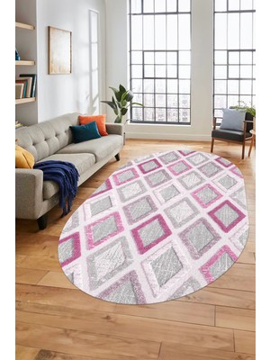 Evdeya Baskılı Kaymaz Yıkanabilir Baklava Desen Oval Yolluk Halısı Salon Halısı O-Modern-66-Pembe