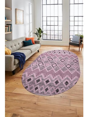 Evdeya Baskılı Kaymaz Yıkanabilir Şık Kilim Desen Oval Yolluk Halısı Salon Halısı O-Modern-67-Pembe