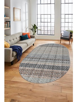 Evdeya Baskılı Kaymaz Yıkanabilir Şık Kilim Desen Oval Yolluk Halısı Salon Halısı O-Modern-70-Renkli