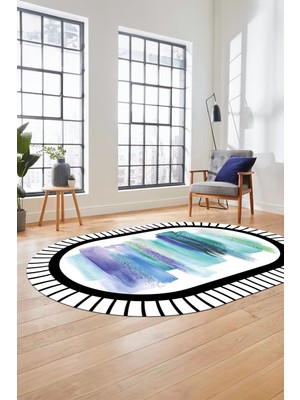 Evdeya Renkli Modern Dijital Kaymaz Yıkanabilir Oval Yolluk Mutfak Salon Halısı O-Modern-22-Turkuaz