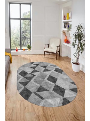 Evdeya Baklava Desen Baskılı Kaymaz Taban Yıkanabilir Modern Oval Yolluk Salon Halısı O-MODERN-103-GRİ