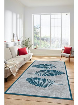 Evdeya Baskılı Kaymaz Yıkanabilir Modern Yaprak Desen Yolluk Mutfak Salon Halısı Modern-41-Mavi