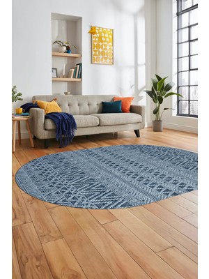 Evdeya Kilim Desen Özel Tasarım Dijital Kaymaz Yıkanabilir Oval Yolluk Salon Halısı O-Modern-86-Mavi