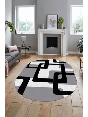 Evdeya Şık Baskılı Kaymaz Yıkanabilir Modern Oval Yolluk Koridor Mutfak Salon Halısı O-Modern-40-Beyaz
