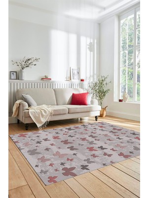 Evdeya Baskılı Kaymaz Yıkanabilir Modern Kelebek Desen Yolluk Salon Halısı Modern-51-Pembe