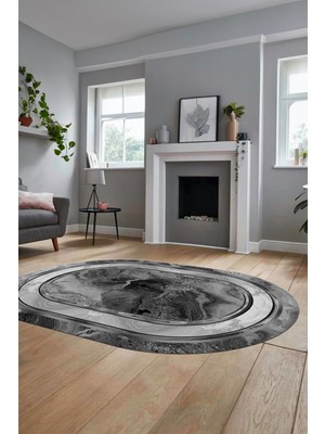 Evdeya Baskılı Kaymaz Yıkanabilir Modern Mermer Desen Oval Yolluk Salon Halısı O-Modern-46-Gri