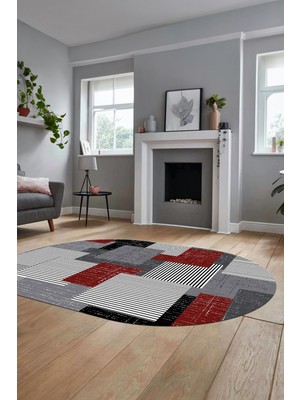 Evdeya Baskılı Kaymaz Yıkanabilir Oval Koridor Halısı Mutfak Halısı Salon Halısı O-Modern-47-Bordo