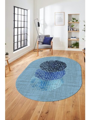 Evdeya Baskılı Kaymaz Taban Yıkanabilir Modern Yolluk Mutfak Oval Salon Halısı O-Modern-01-Mavi