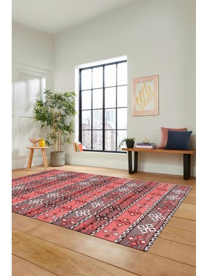 Evdeya Modern Etnik Desenli Dijital Kaymaz Yıkanabilir Yolluk Mutfak Salon Halısı Modern-19-Pembe
