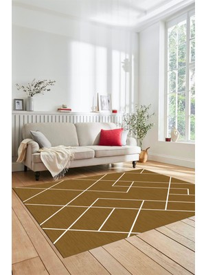 Evdeya Baskılı Kaymaz Yıkanabilir Çizgili Modern Yolluk Mutfak Halısı Salon Halısı Modern-58-Kahve