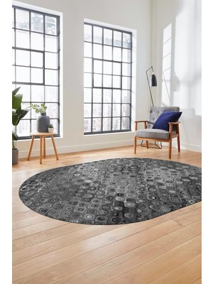 Evdeya 3D Modern Desen Dijital Kaymaz Yıkanabilir Oval Yolluk Mutfak Salon Halısı O-Modern-27-Gri