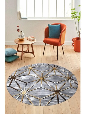 Evdeya 3D Baskılı Kaymaz Yıkanabilir Modern Yuvarlak Mutfak Salon Halısı Y-Modern-39-Gold