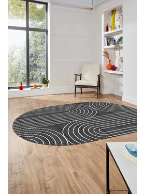 Evdeya Sade Desen Baskılı Kaymaz Taban Yıkanabilir Modern Oval Yolluk Salon Halısı O-MODERN-110-ANTRASİT