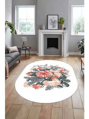 Evdeya 3D Modern Çiçek Desen Dijital Kaymaz Yıkanabilir Oval Yolluk Salon Halısı O-Modern-35-Beyaz