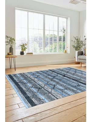 Evdeya Kilim Desen Özel Tasarım Dijital Kaymaz Yıkanabilir Yolluk Mutfak Salon Halısı Modern-85-Mavi