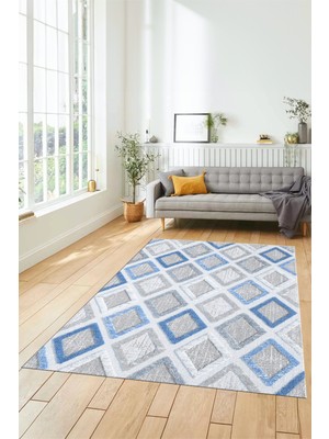 Evdeya Baskılı Kaymaz Yıkanabilir Baklava Desen Yolluk Mutfak Halısı Salon Halısı Modern-66-Mavi