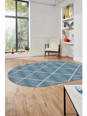 Evdeya Sade Desenli Baskılı Kaymaz Taban Yıkanabilir Oval Yolluk Salon Halısı O-MODERN-116-MAVİ