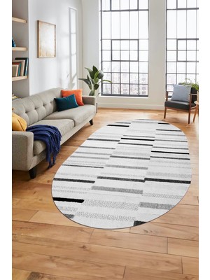Evdeya Şık Sade Kilim Desenli Dijital Kaymaz Yıkanabilir Oval Yolluk Mutfak Salon Halısı O-Modern-74-Gri