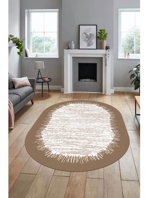 Evdeya Baskılı Kaymaz Yıkanabilir Sade Desen Oval Yolluk Mutfak Salon Halısı O-Modern-43-Kahve