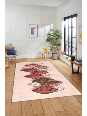 Evdeya Dijital Kaymaz Taban Yıkanabilir Yaprak Desenli Yolluk Mutfak Salon Halısı Modern-08-Bordo