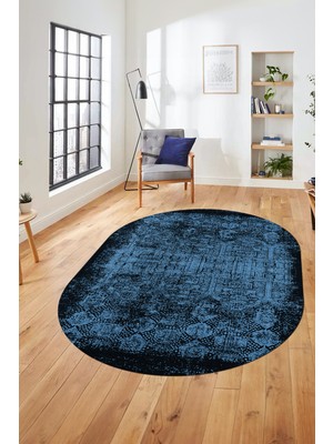 Evdeya Baskılı Kaymaz Taban Yıkanabilir Sade Modern Yolluk Mutfak Oval Salon Halısı O-Modern-04-Mavi