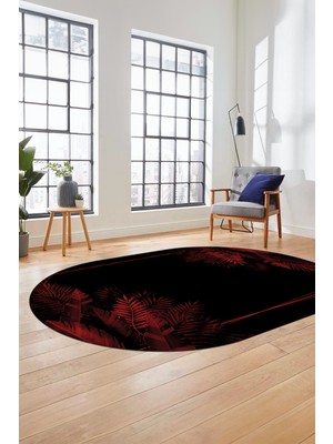 Evdeya Modern Yaprak Desen Dijital Kaymaz Yıkanabilir Oval Yolluk Mutfak Salon Halısı O-Modern-26-Bordo