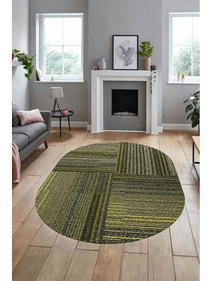 Evdeya 3D Modern Kilim Desen Dijital Kaymaz Yıkanabilir Oval Yolluk Mutfak Salon Halısı O-Modern-34-Yeşil