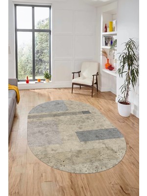 Evdeya Baskılı Kaymaz Taban Yıkanabilir Modern Oval Yolluk Mutfak Salon Halısı O-Modern-93-Bej